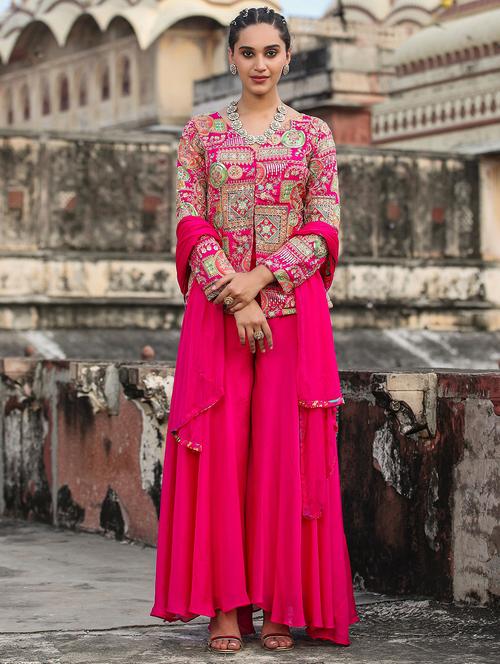 front open jacket style kurti palazzo with dupatta - 20508763 - Very Small Image - 1