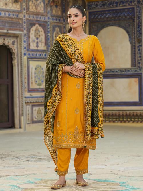 embroidered mustard kurta pant with dupatta - 20508788 - Very Small Image - 1
