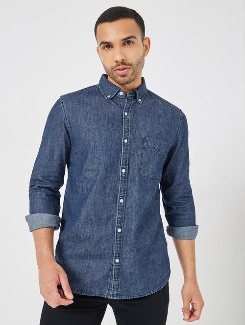 men faded navy blue cotton button down collar casual shirt - 20509251 - Very Small Image - 1