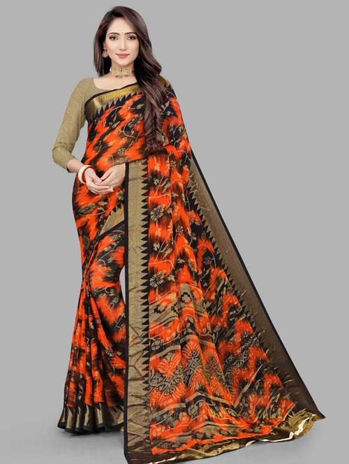 women's floral orange colored saree with blouse - 20509877 - Very Small Image - 1