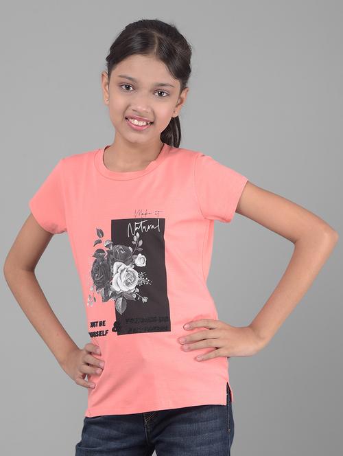 girls peach cotton regular tee - 20512609 - Very Small Image - 1