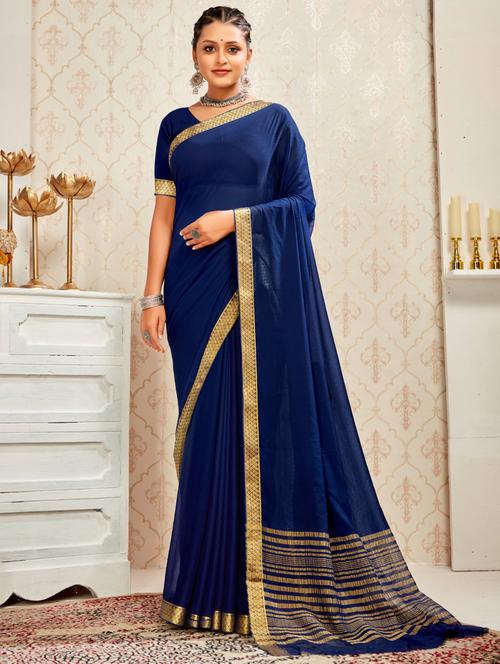 women's bordered navy blue colored saree with blouse - 20512794 - Very Small Image - 1