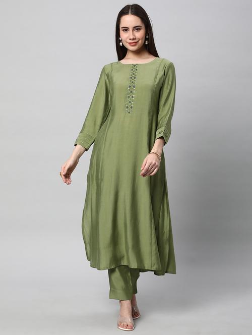 olive three quarter sleeve a-line kurta - 20512827 - Very Small Image - 1