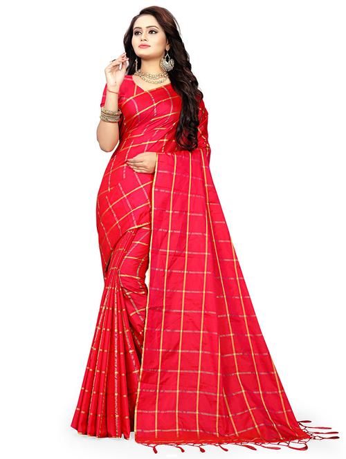 women's checks red colored saree with blouse - 20521562 - Very Small Image - 1