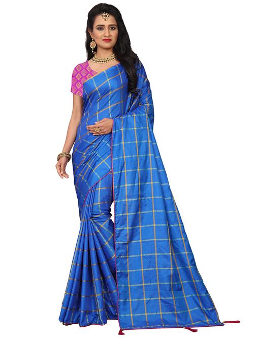 women's checks blue colored saree with blouse - 20521584 - Very Small Image - 1