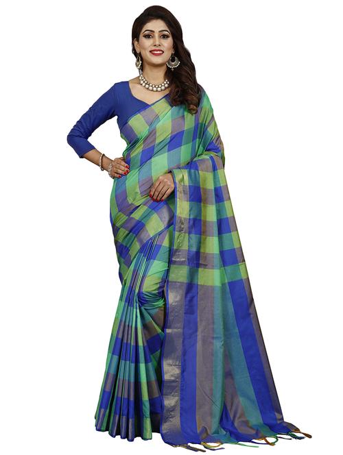 women's checks blue colored saree with blouse - 20521599 - Very Small Image - 1