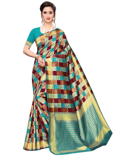 women's checks multi colored saree with blouse - 20521827 - Very Small Image - 1
