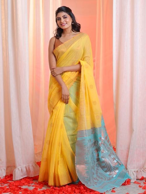 yellow cotton blend handloom saree with blouse - 20522087 - Very Small Image - 1