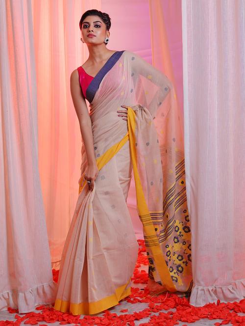 beige cotton blend handloom saree - 20522157 - Very Small Image - 1