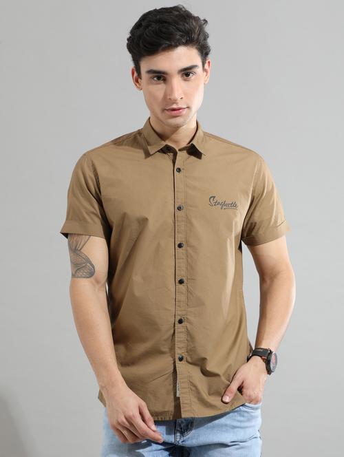 khaki solid casual shirt - 20522311 - Very Small Image - 1