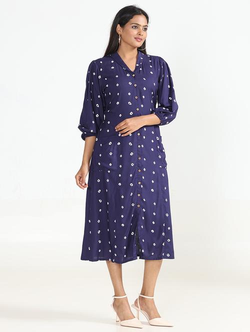 women navy blue printed a-line midi dress - 20534396 - Very Small Image - 1