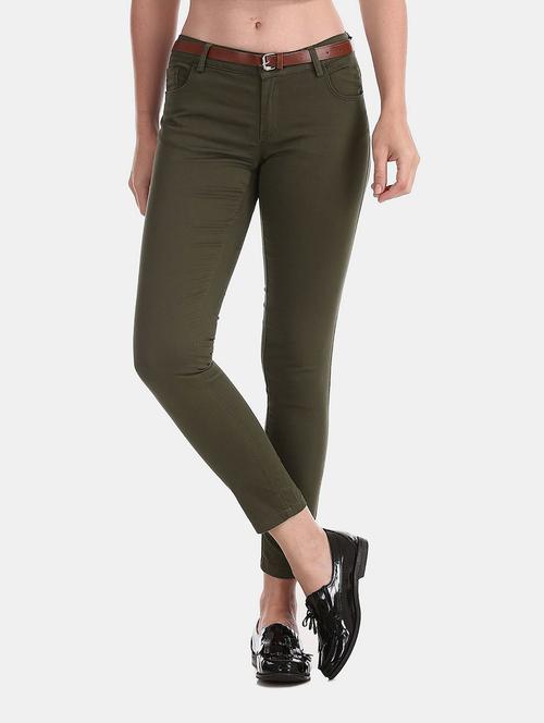 olive cotton solid trousers - 20536226 - Very Small Image - 1