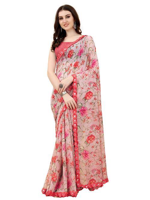 women's floral pink colored saree with blouse - 20536918 - Very Small Image - 1