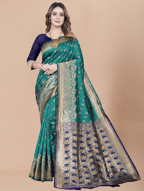 teal self design banarasi saree - 20537132 - Very Small Image - 1
