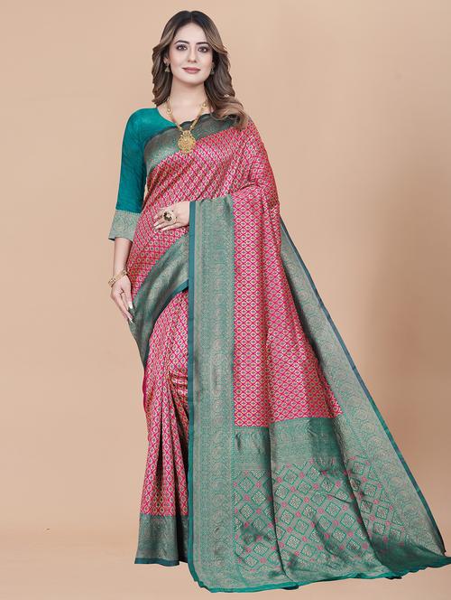 pink silk blend banarasi saree - 20537164 - Very Small Image - 1