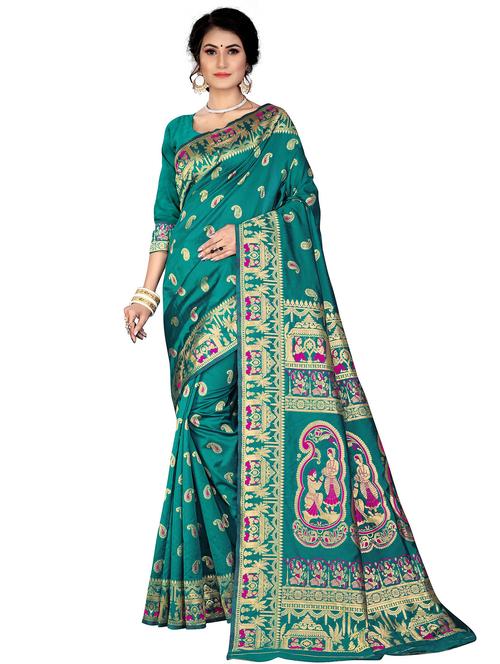 teal silk blend kanjivaram saree - 20537188 - Very Small Image - 1