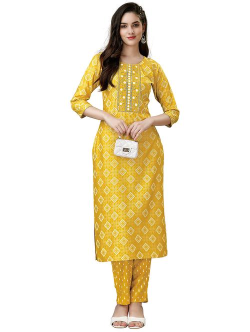 yellow cotton blend kurta pant set - 20537212 - Very Small Image - 1