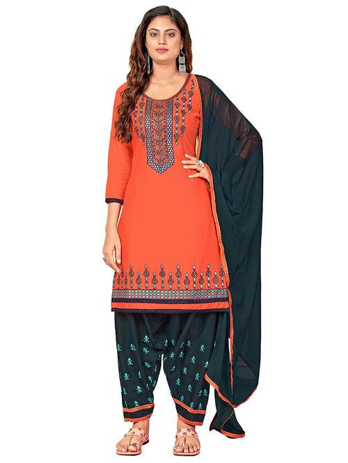 orange cotton blend semistitched suit - 20537216 - Very Small Image - 1