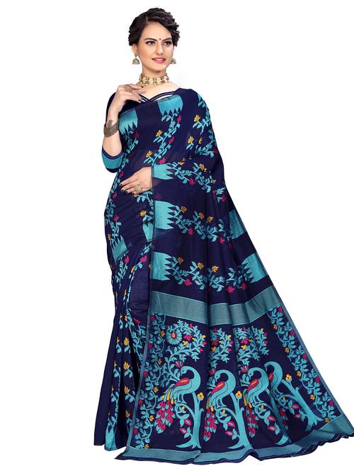 women's printed navy blue colored saree with blouse - 20537411 - Very Small Image - 1
