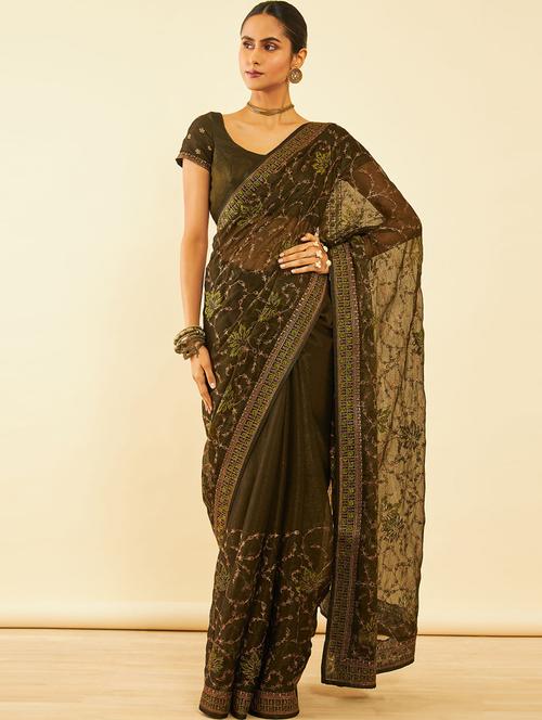 olive chiffon embroidered saree - 20538752 - Very Small Image - 1
