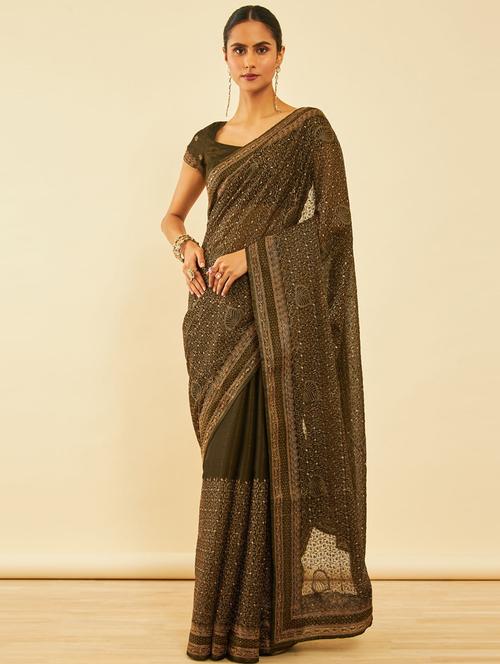 olive embroidered saree with blouse - 20538771 - Very Small Image - 1