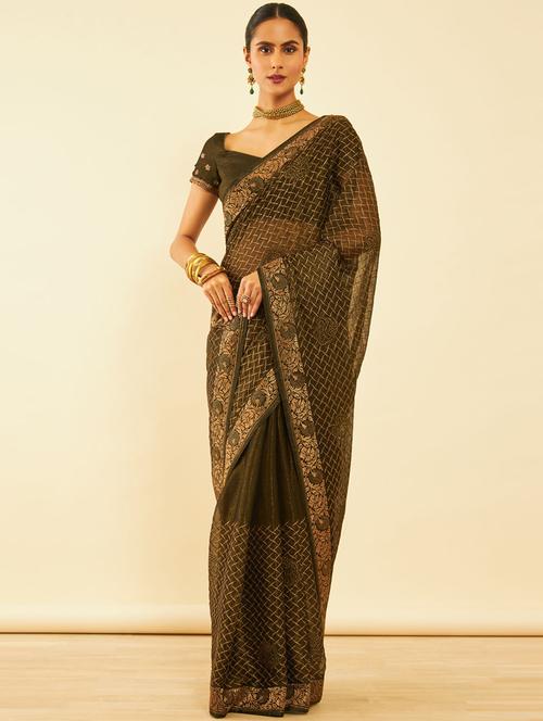 olive chiffon embroidered saree with blouse - 20538782 - Very Small Image - 1