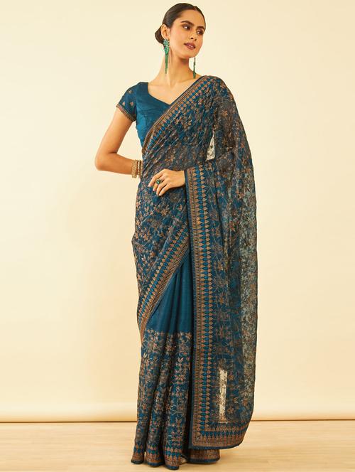 teal chiffon embroidered saree with blouse - 20538787 - Very Small Image - 1