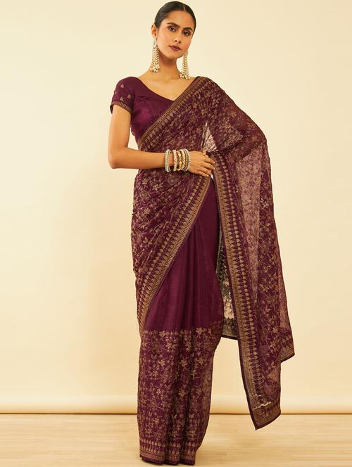 burgundy embroidered saree with blouse - 20538794 - Very Small Image - 1