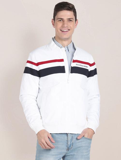 men colourblocked front striped bomber jacket - 20542315 - Very Small Image - 1