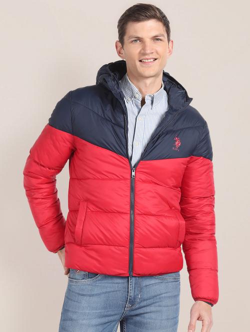 men color block red and navy blue hooded casual jacket - 20542336 - Very Small Image - 1