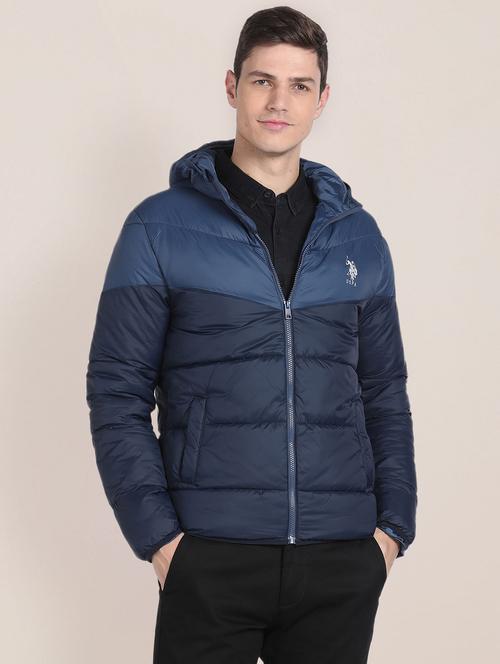 men color block navy blue polyester hooded casual jacket - 20542338 - Very Small Image - 1