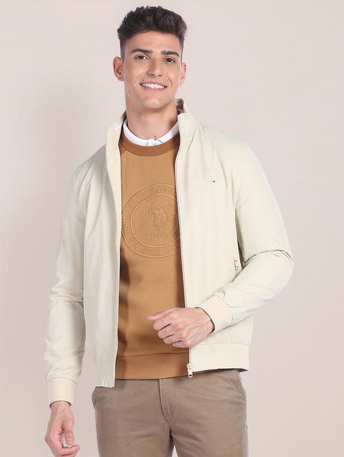 men solid stand collar bomber jacket - 20542423 - Very Small Image - 1