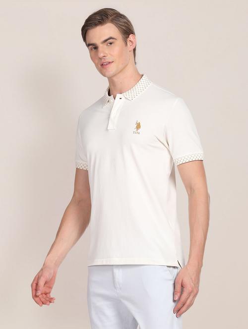 men cream printed collar polo t-shirt - 20543439 - Very Small Image - 1