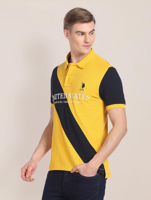 men color block yellow cotton slim fit polo t-shirt - 20543488 - Very Small Image - 1
