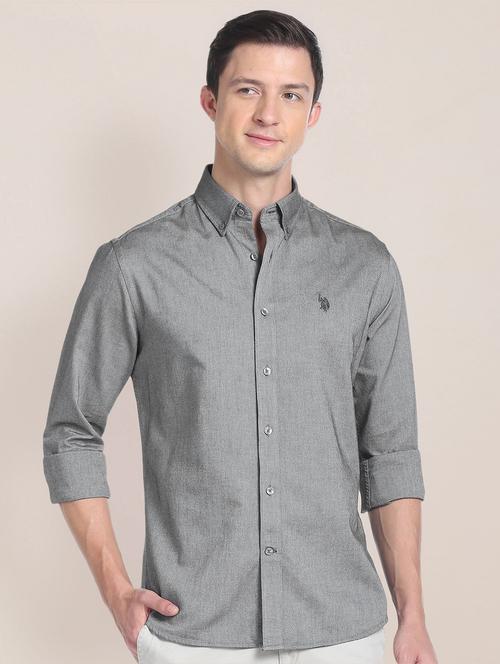 men grey melange cotton casual slim fit shirt - 20544635 - Very Small Image - 1