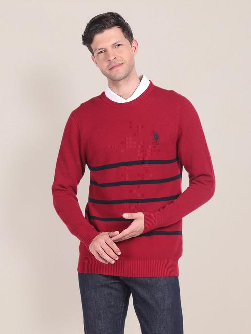 men red logo print striped pullover - 20546744 - Very Small Image - 1