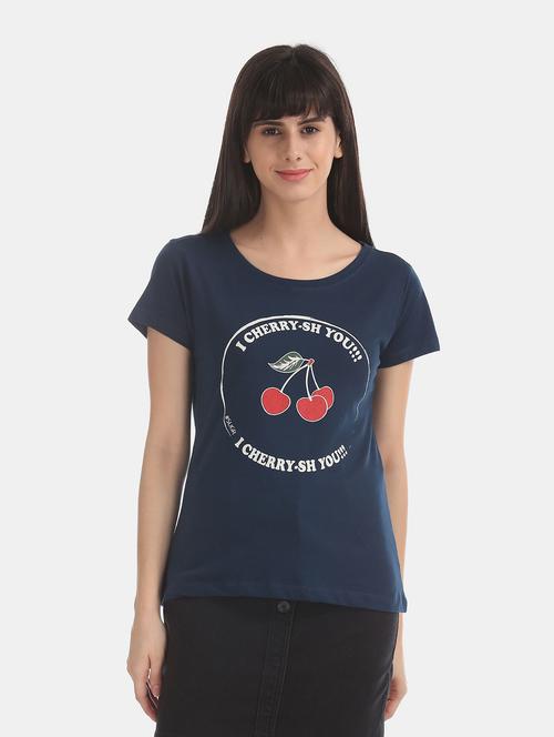 women typographic printed navy blue cotton t-shirt - 20547754 - Very Small Image - 1