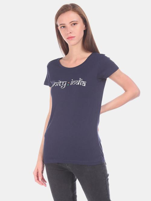 women typographic printed blue cotton t-shirt - 20547761 - Very Small Image - 1