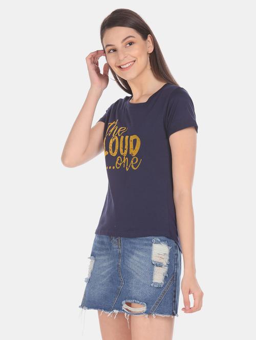 women typographic printed navy blue cotton t-shirt - 20547834 - Very Small Image - 1