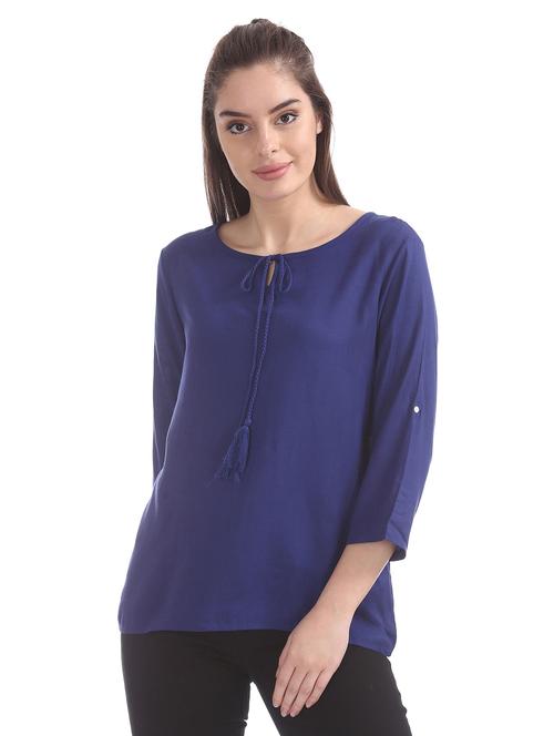 women solid tie up neck regular top - 20548215 - Very Small Image - 1