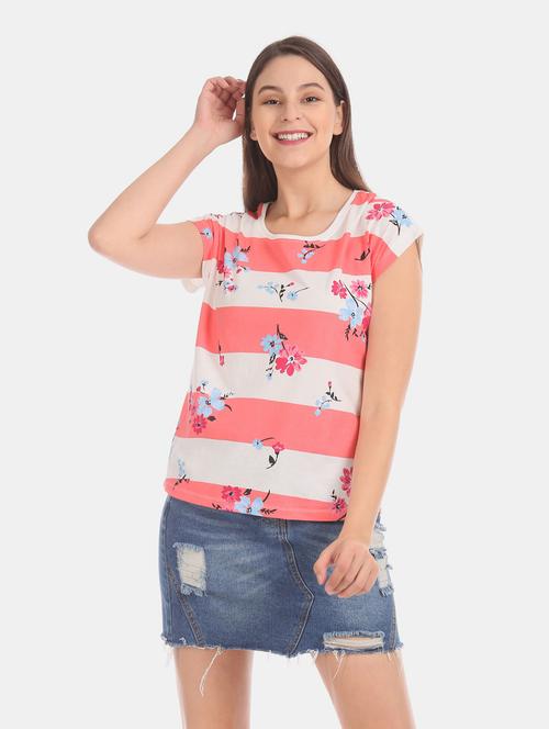 women white & pink round neck short sleeves top - 20548273 - Very Small Image - 1