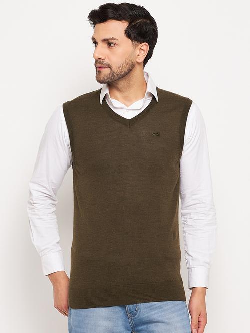 men solid olive green sweater vest - 20551602 - Very Small Image - 1