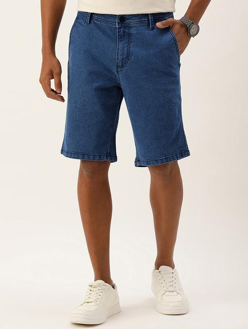 men solid blue denim shorts - 20551745 - Very Small Image - 1