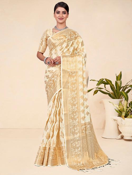 cream self design banarasi saree - 20559016 - Very Small Image - 1