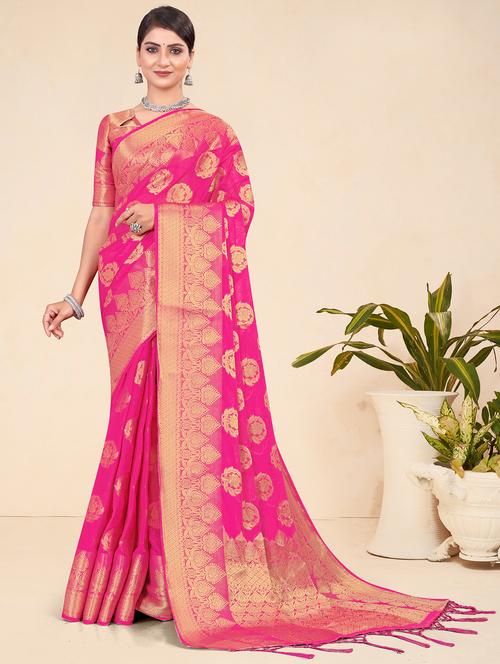 pink self design banarasi saree with blouse - 20559020 - Very Small Image - 1