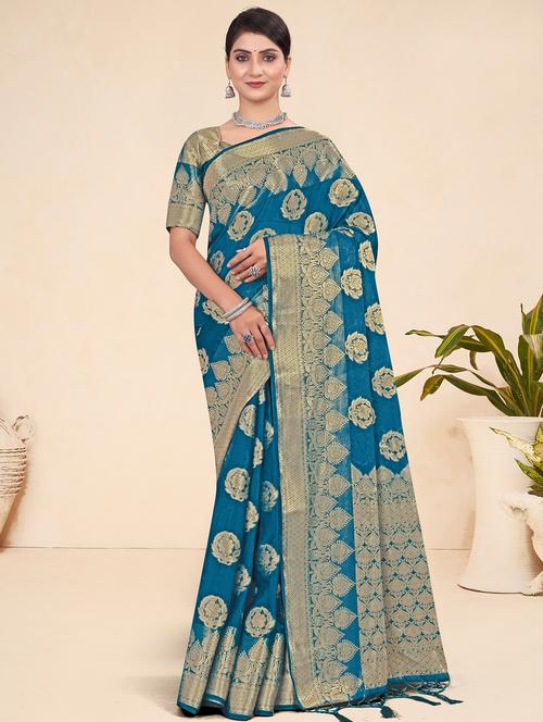 teal self design banarasi saree with blouse - 20559022 - Very Small Image - 1