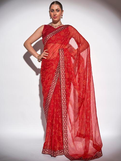 women red printed embellished saree with blouse - 20559045 - Very Small Image - 1