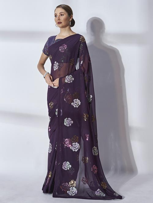women purple sequin work embroidered saree with blouse - 20559067 - Very Small Image - 1