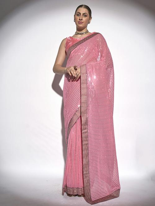 women pink sequin work embroidered saree - 20559080 - Very Small Image - 1