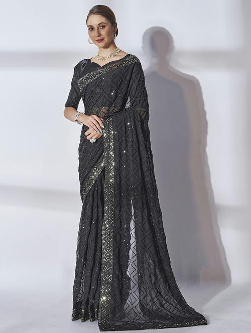 women black sequin work embroidered saree with blouse - 20559084 - Very Small Image - 1